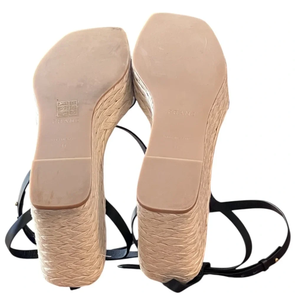 FRAME Black Leather Espadrille Platform‎ Wedge Sandals Ankle Strap Size 10 EU 41